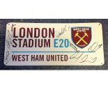 Football West Ham United London Stadium E20 road sign signed by 7 members of the current squad