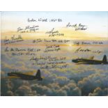 Twelve WW2 bomber crew veterans signed 10 x 8 colour bombers in flight photo. Signed by F/O Jeff