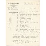 1913 Café Parisien hand written dinner menu. Good Condition. All signed pieces come with a