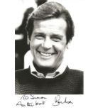 Roger Moore signed 6x4 - relaxed black and white shot of the former Bond, dedicated 'To Simon, all