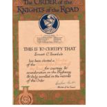 Sir Douglas Bader DSO DFC signed certificate for the Order of the Knights of the Road. Group Captain