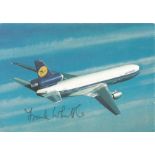 Frank Whittle Jet Engine designer signed 6 x 4 colour DC10 in flight postcard. Good Condition. All