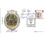 Margaret Thatcher, John Major and Edward Heath signed 1984 Benham Heraldry small silk FDC. Good