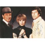 Patrick Macnee, Joanna Lumley and Gareth Hunt signed 6x4 colour Avengers photo. Good Condition.