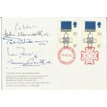 Five Victoria Cross winners signed Grenfell VC colour postcard. Signed to back by Eric Wilson VC,