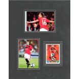 Michael Carrick signed trading card. Mounted with 2 other colour Man Utd photos. Approx overall size