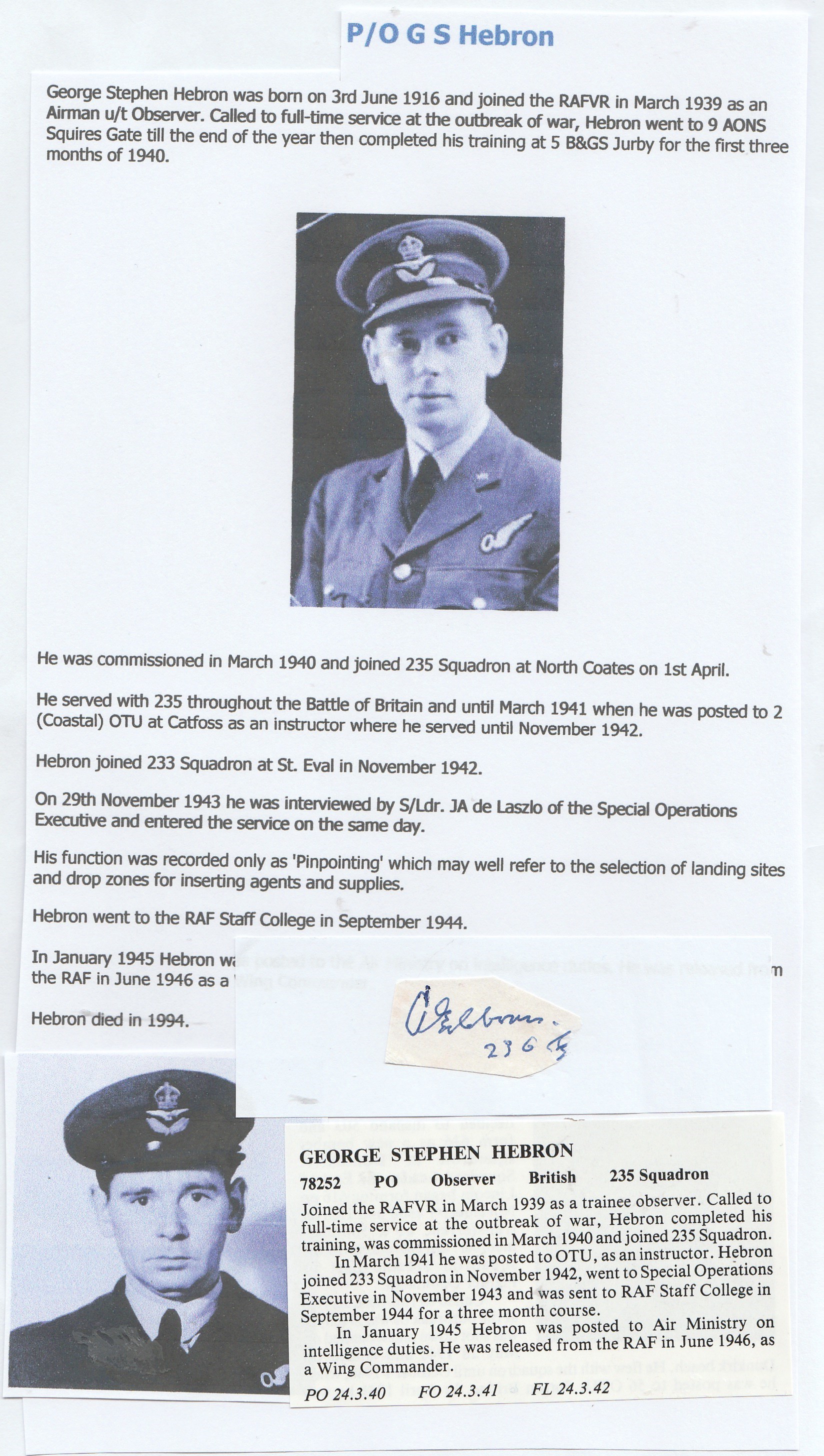Rare signature of Observer PILOT OFFICER (later) WING COMMANDER GEORGE STEPHEN HEBRON 235 Squadron
