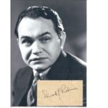 Edward G Robinson small autograph piece with 7 x 5 b/w unsigned photo. Comes with biography