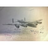 World War Two Lancaster print approx 12x16 signed by over 30 bomber command veterans signatures