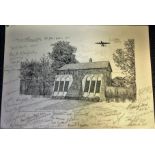 Dambuster 617 Squadron 12x16 approx print signed by over 30 bomber command veterans signatures