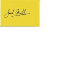Jack Brabham Formula One legend signed small yellow card. Comes with 12 x 8 colour unsigned photo of