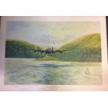 Dambuster World War Two print 19x27 titled Lancaster practice flights over Derwent Water Dam 1943