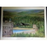 Dambuster 19x25 approx RAF print titled Last of the Lancaster Bombers over Derwent Dam Derbyshire in