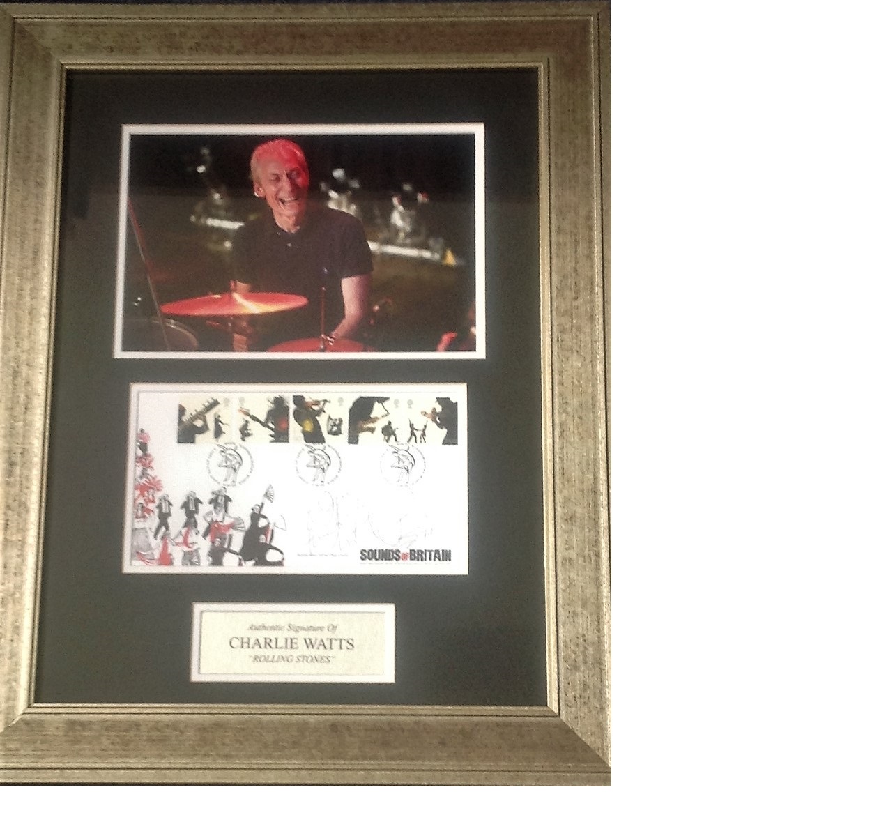 Charlie Watts signature piece 22x17 overall includes colour photo and signed Sounds of Britain FDC