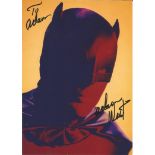 Adam West signed 7x5 colour Batman photo. Dedicated. Good Condition. All signed pieces come with a