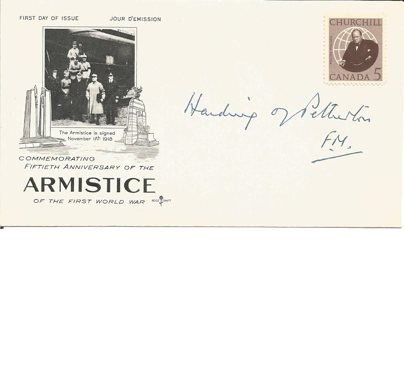 Field Marshal Harding signed FDC commemorating 50th anniv of the Armistice. 1st Baron Harding of