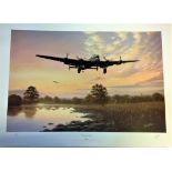 World War Two print 28x20 approx titled Lancaster Dawn signed in pencil by the artist Barry Price.