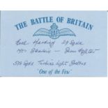 Noel Harding 29 Sqn signed 5 x 3 blue card with Battle of Britain & RAF logo printed on it.