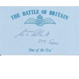 W T Clarke 219 Sqn signed 5 x 3 blue card with Battle of Britain & RAF logo printed on it.