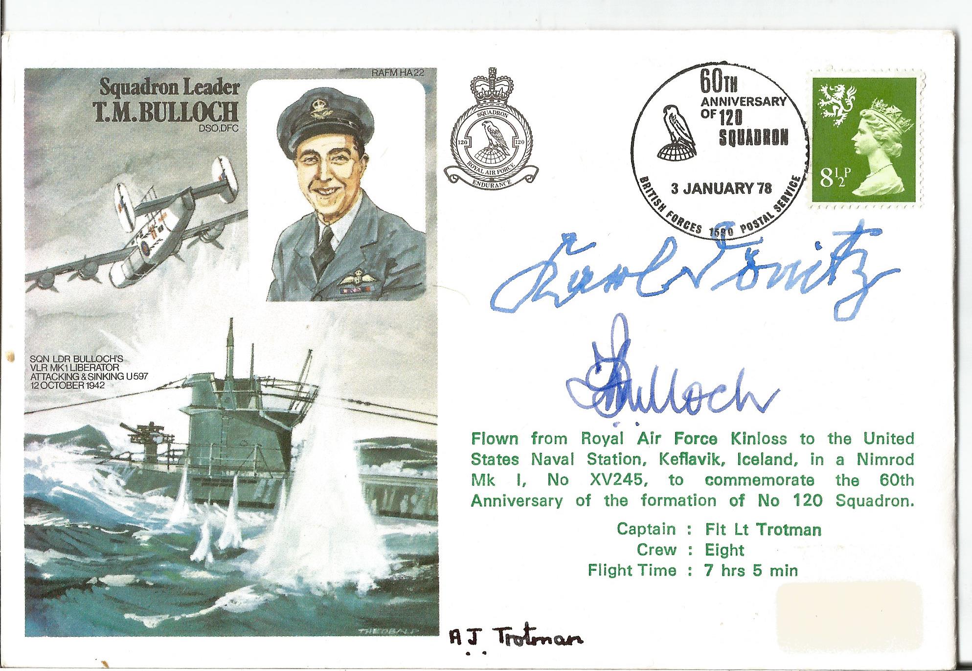 WW2 Boat signed Squadron Leader T. M Bulloch DSO, DFC flown cover signed by Admiral Karl Donitz,