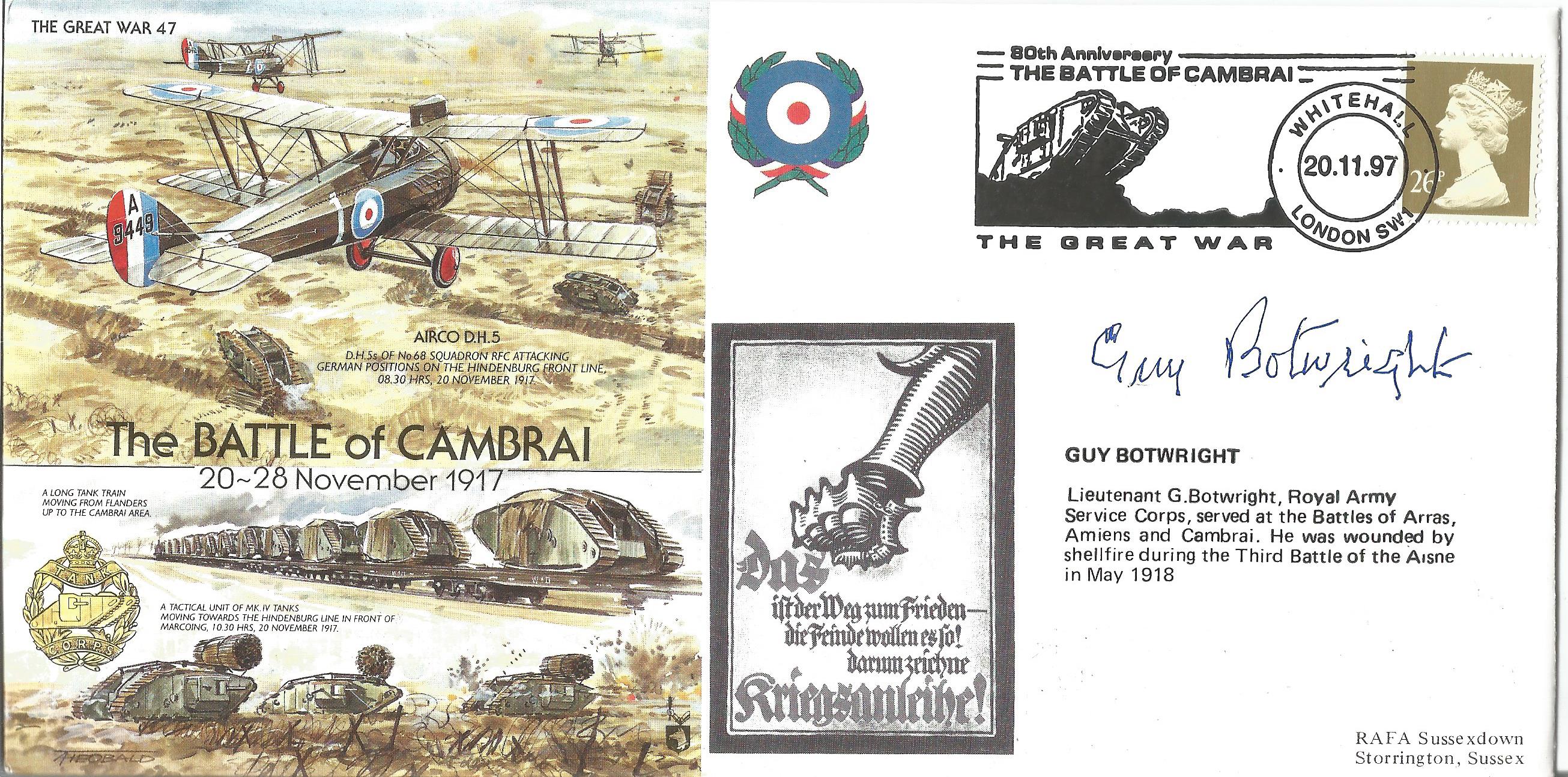 Great War flown cover The Battle of Cambrai, 20 -28 November 1917. Cover illustrates n Airco DH5