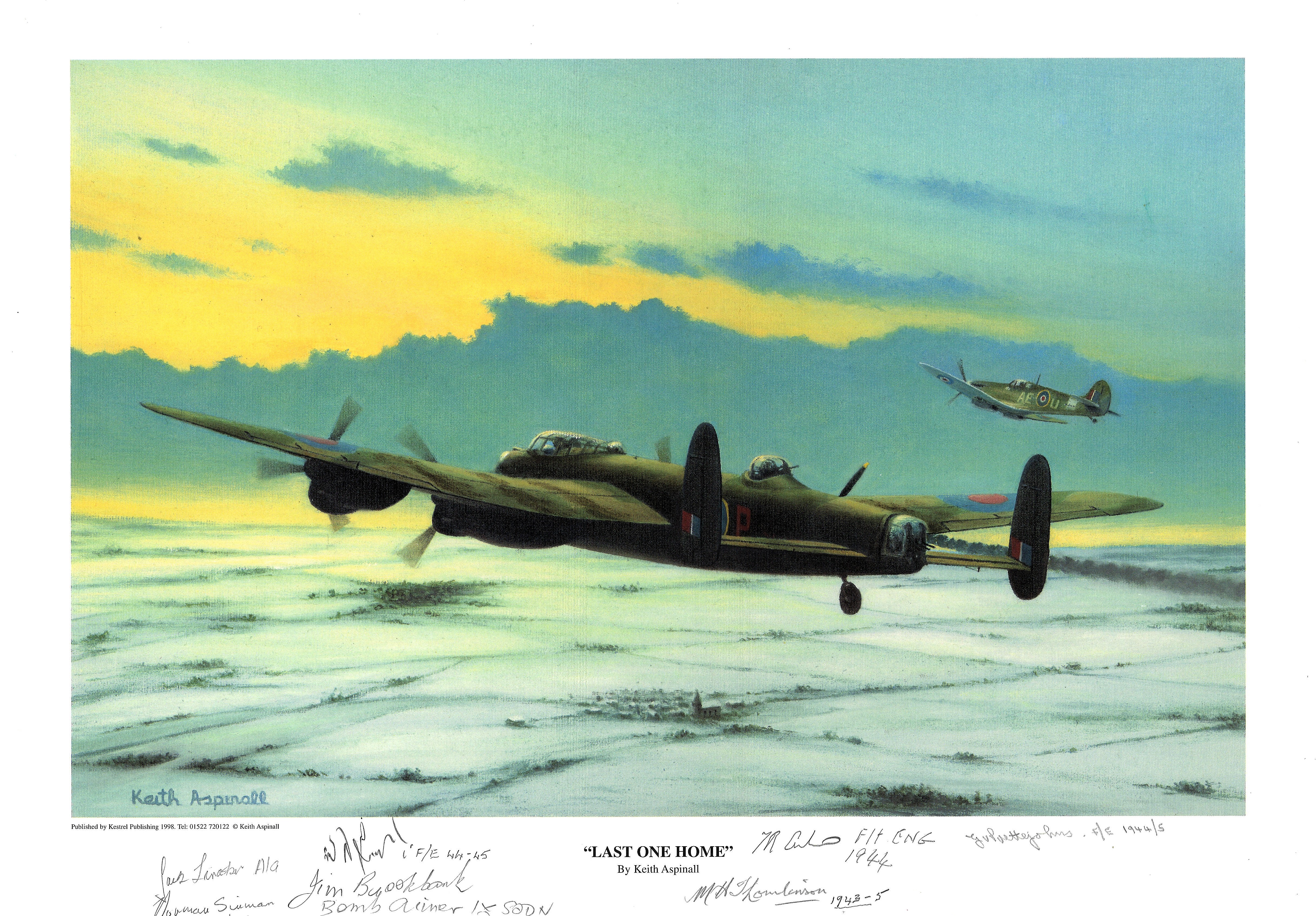 World War Two print approx 12 x16 titled "Last One Home "by the artist Keith Aspinall signed in
