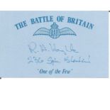 R A Harding 236 Sqn Blenheims signed 5 x 3 blue card with Battle of Britain & RAF logo printed on