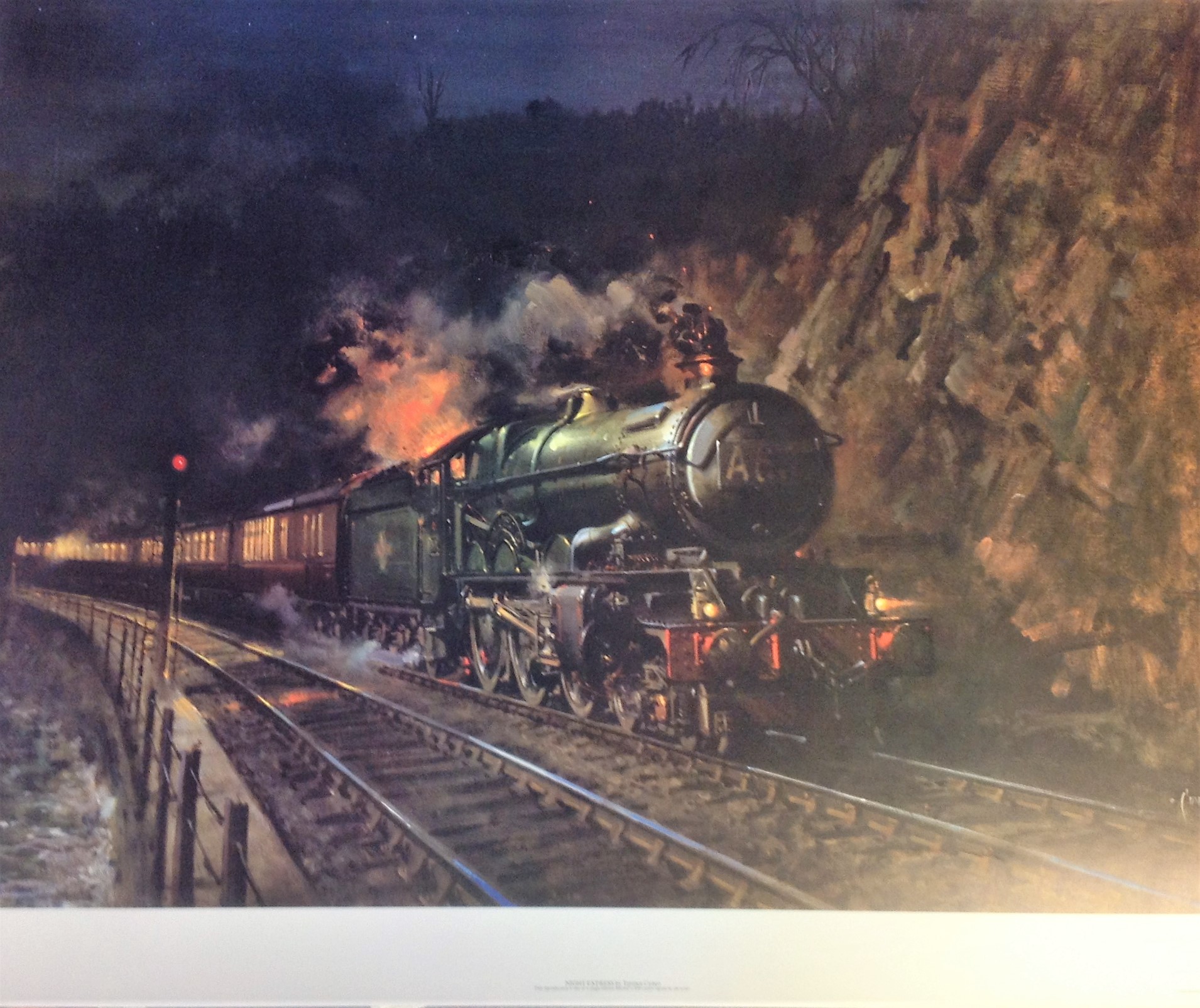 Railway Print approx 24x28 titled Night Express signed in pencil by the artist Terence Cuneo. This