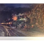 Railway Print approx 24x28 titled Night Express signed in pencil by the artist Terence Cuneo. This
