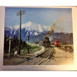 Railway Print approx 29x24 titled Steam in the Rockies signed in pencil by the artist Terence Cuneo.