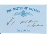 PO T R Thompson 213 Sqn signed 5 x 3 blue card with Battle of Britain & RAF logo printed on it.