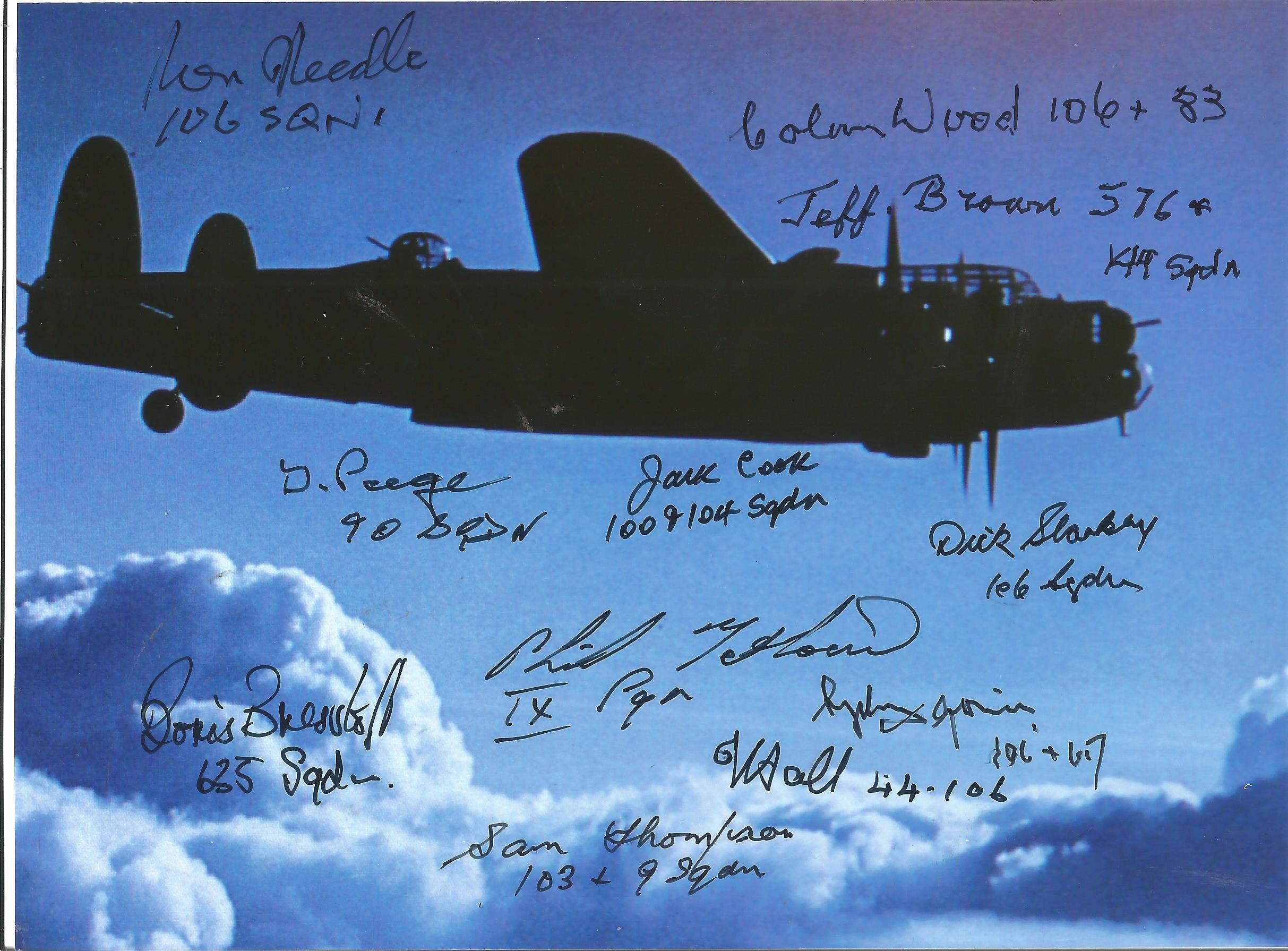 World War Two Lancaster 6x8 Colour photo signed by 11, bomber command veterans signatures include