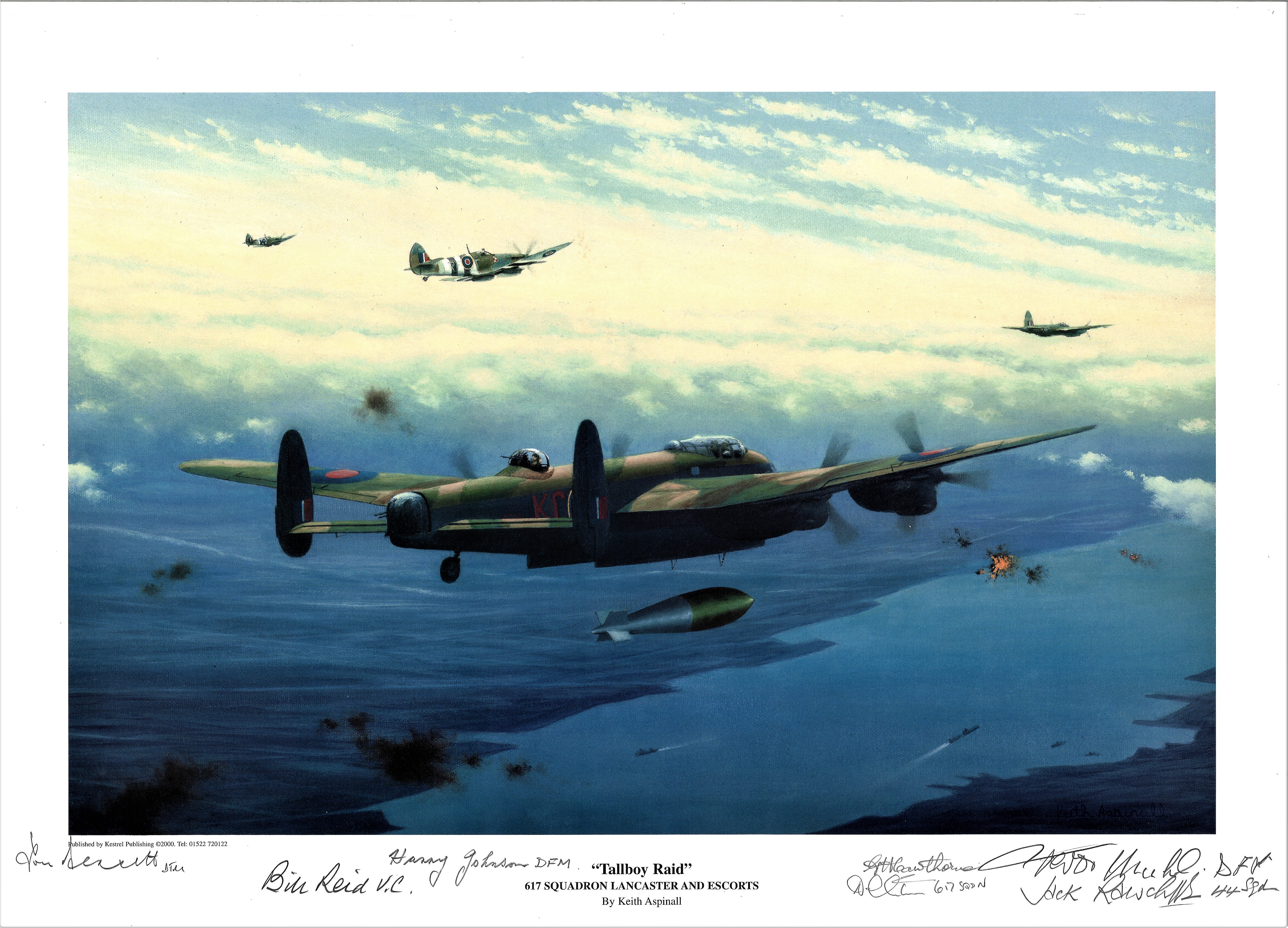 World War Two print approx 12x16 titled "Tallboy Raid" 617 Squadron Lancaster and Escorts signed