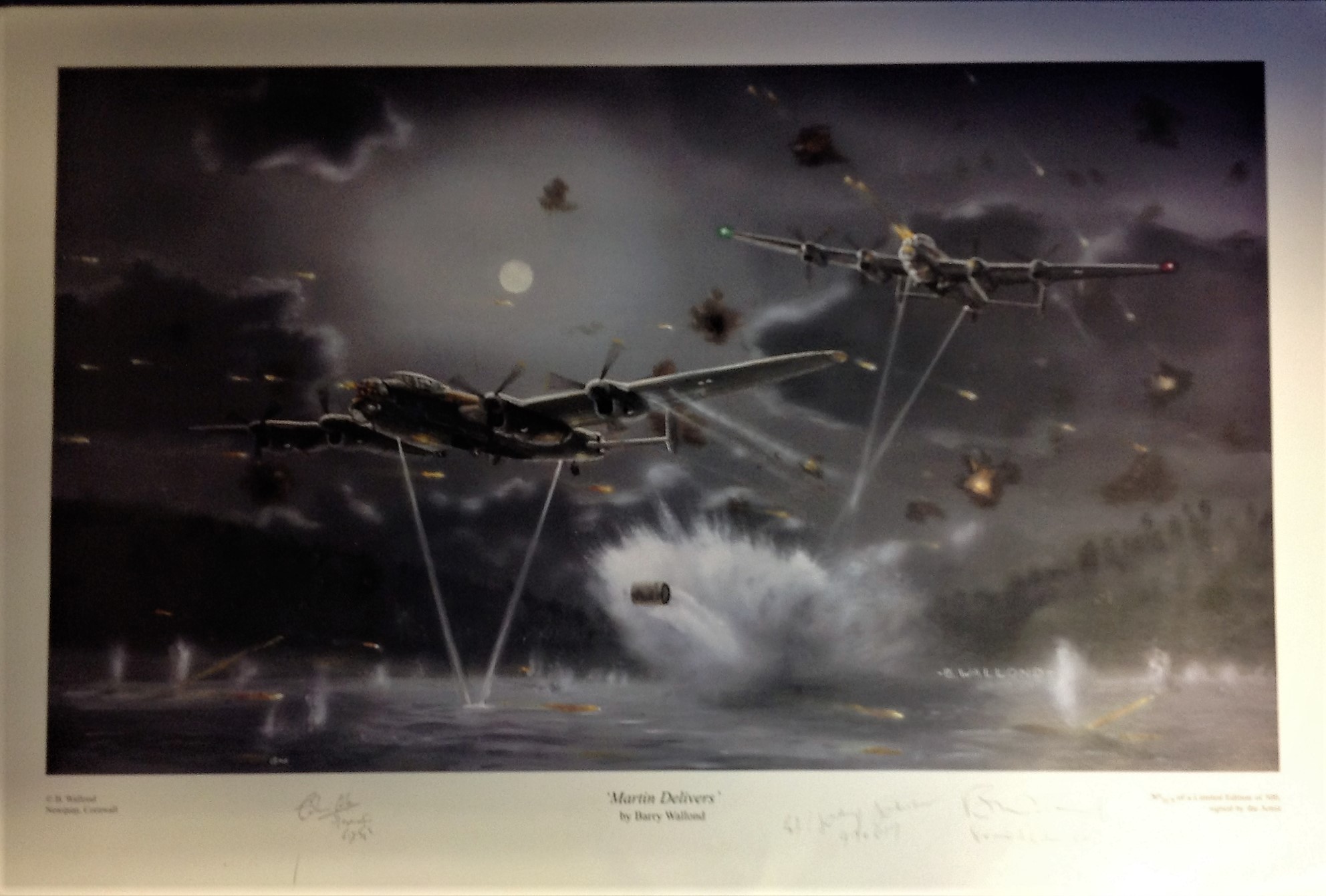 Dambuster World War Two print approx 18x26 titled "MARTIN DELIVERS "by the artist Barry Walford