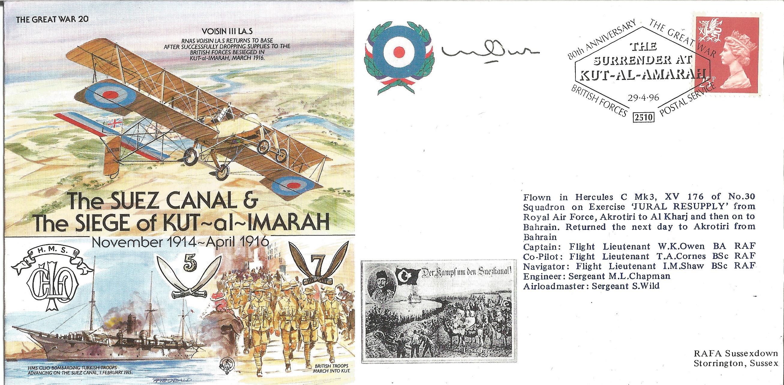 Great War flown cover The Suez Canal &The Siege of Kut -al-Imarah signed by Flight Lieutenant W.