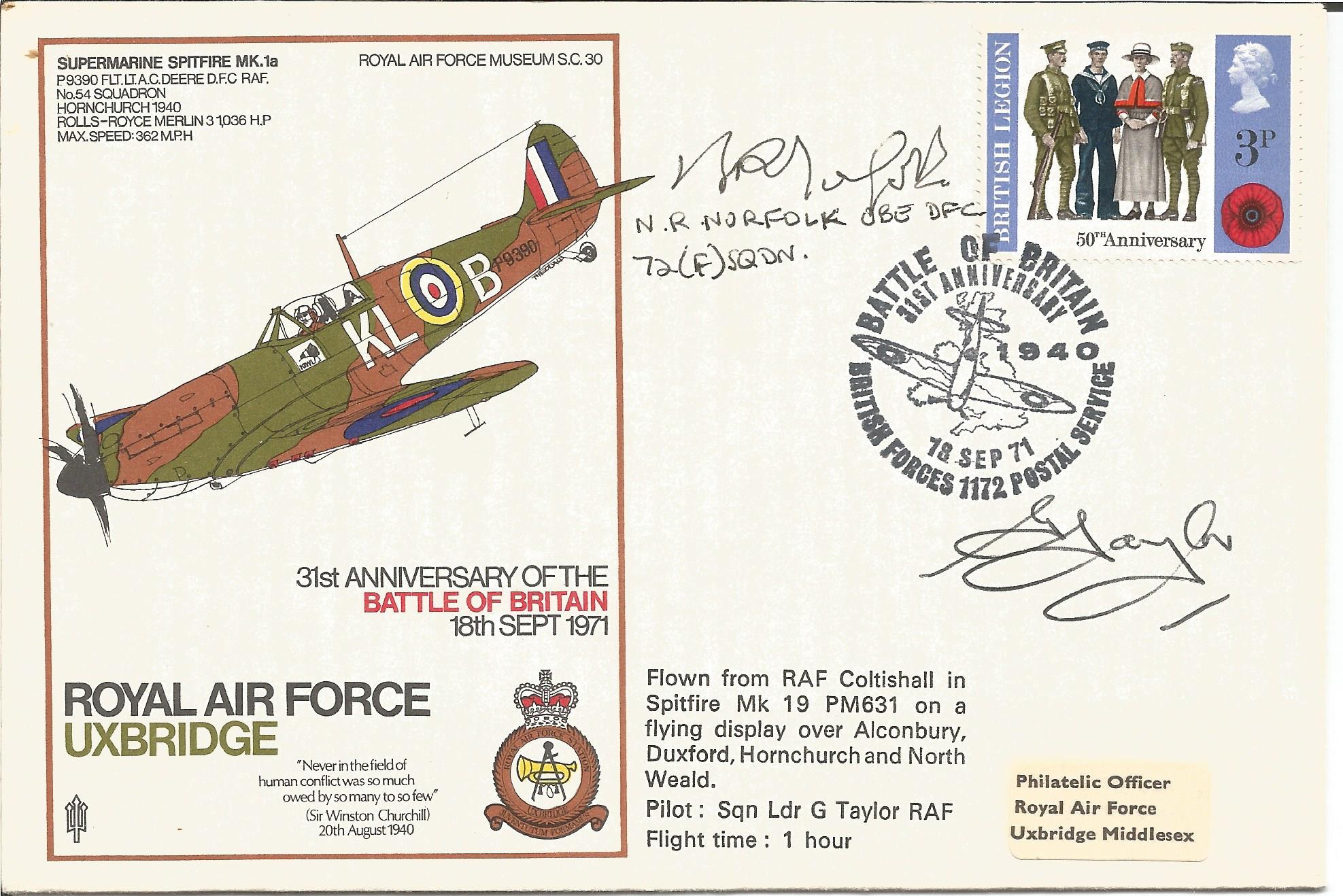 Battle of Britain ace N Norfolks DFC 72f sqn rare signed SC30 RAF Uxbridge Spitfire cover. Good