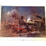 Railway Print 24x32 approx titled Preparing for Departure signed in pencil by the artist Terence