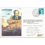 World War Two flown cover signed by Fl. Off. Raymond Grayston. RAFM HA4. Cover dedicated to Sir