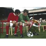 Autographed 12 X 8 Photo, Alex Stepney, A Superb Image Depicting Stepney And His Manchester United