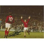 Football Autographed 8 X 6 Photo, Geoff Hurst, A Superb Image Depicting Alan Ball, Arms Raised In