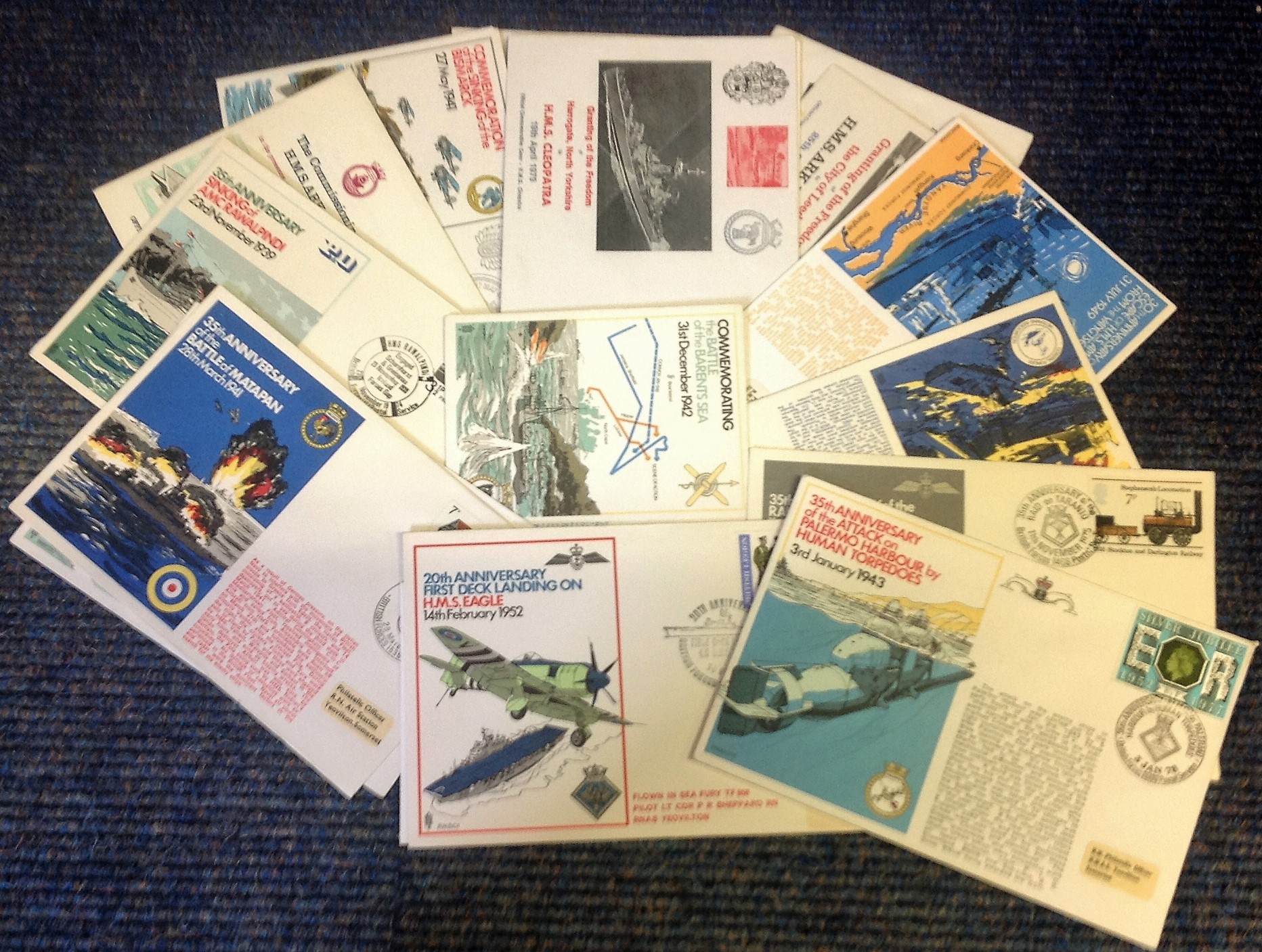 18 Official Unsigned Navy Covers. Includes Sinking of Bismarck covers, HMS Exmouth First Voyage, HMS