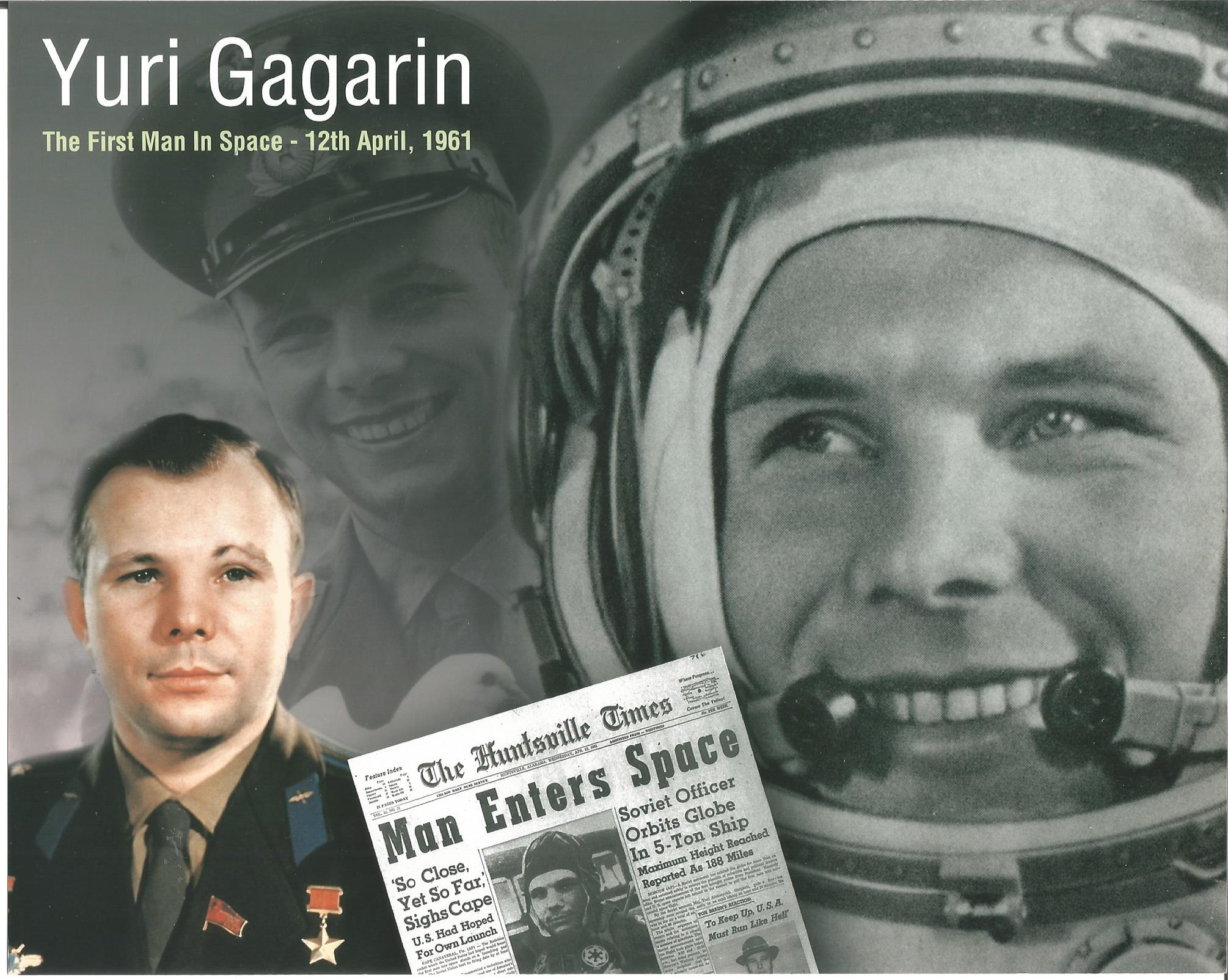 Astronaut photos, four 10 x 8 modern photos unsigned. Yuri Gagarin Montage, Two Richard Gordon