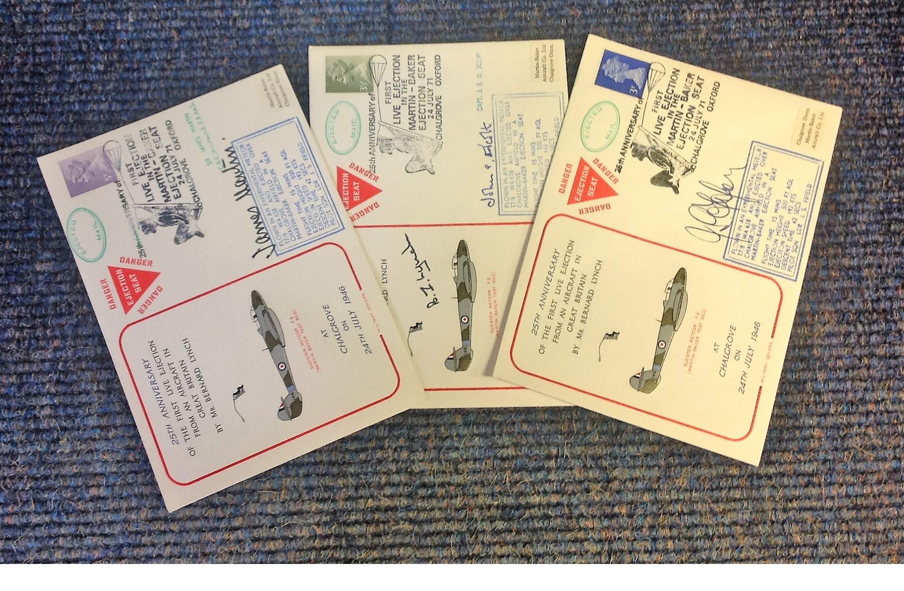 Martin Baker Ejection seat cover collection. Three 1971 covers signed by Sir James Martin, double