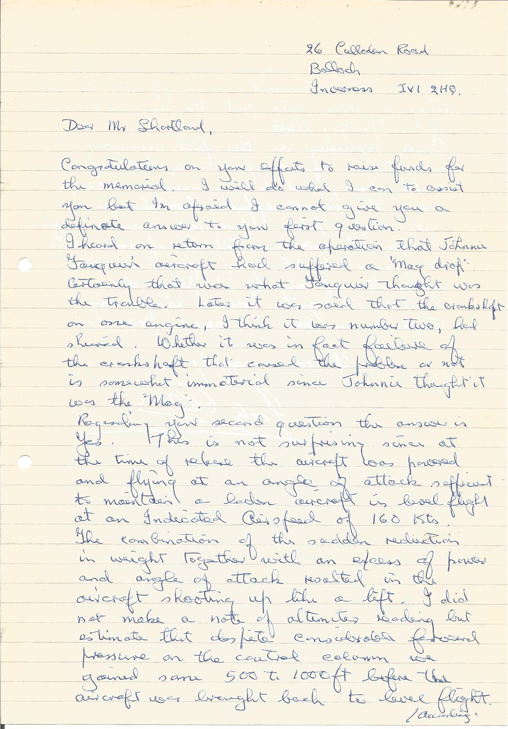 Jock Calder 617 sqn hand written letter to 617 Sqn historian Jim Shortland. Includes references to