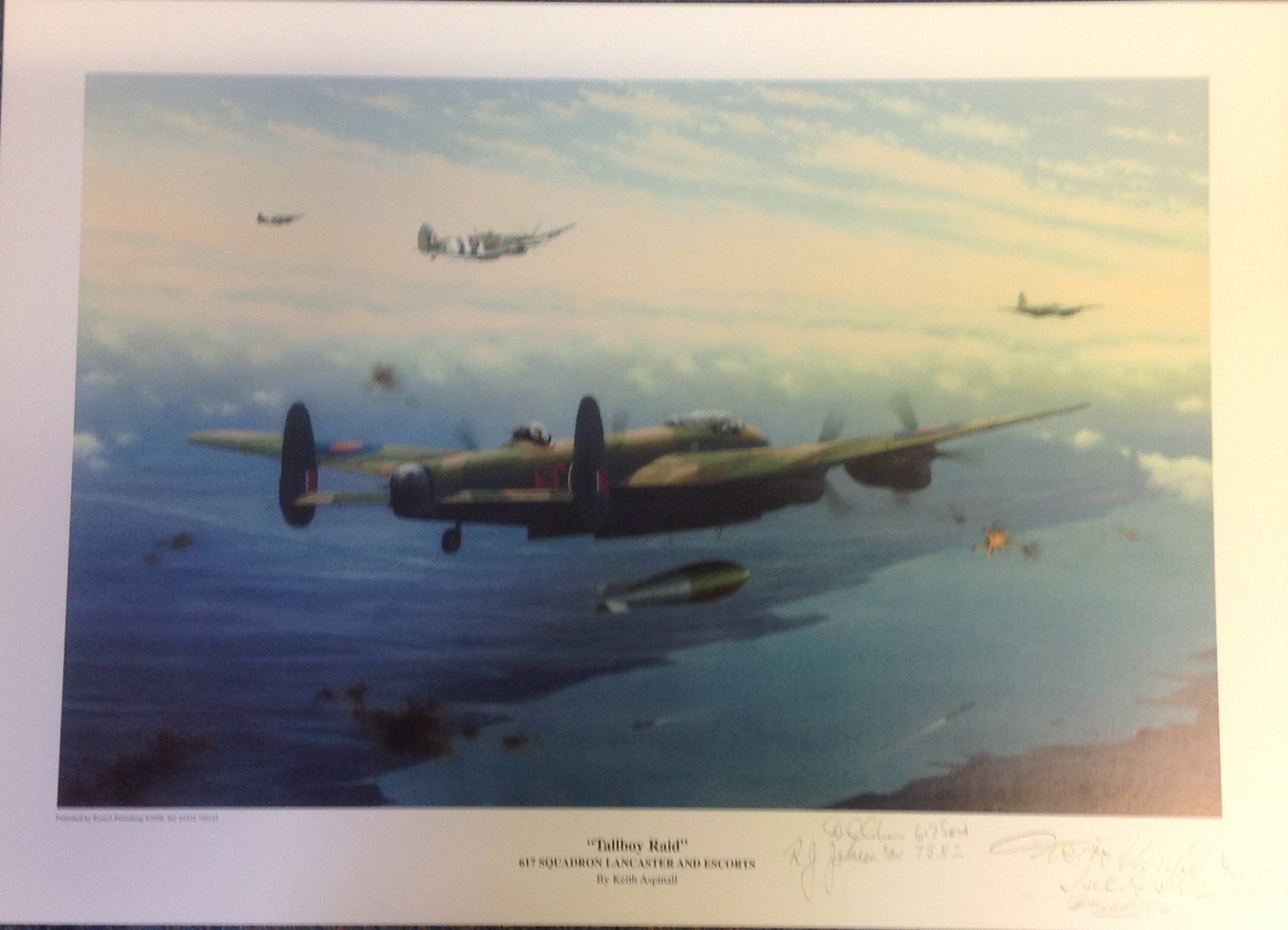 Tall Boy Raid print by Keith Aspinall signed by 5 WW2 bomber veterans, T.G. Muhl DFM, DFC, R G