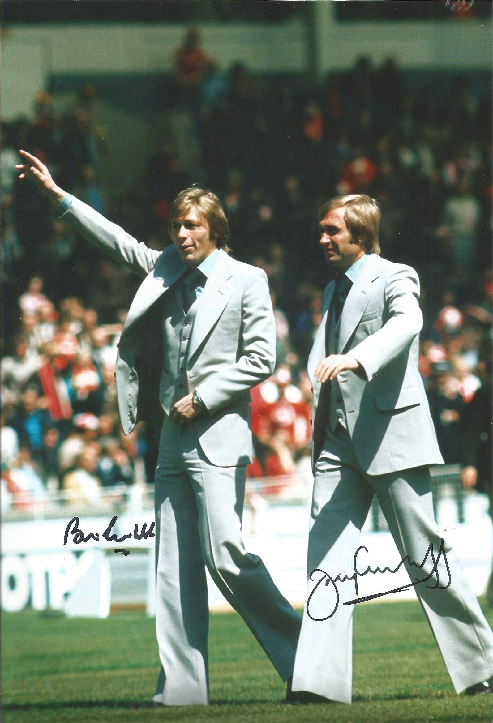 Autographed 12 x 8 photo football, BRIAN & JIMMY GREENHOFF, a superb image depicting the brothers in