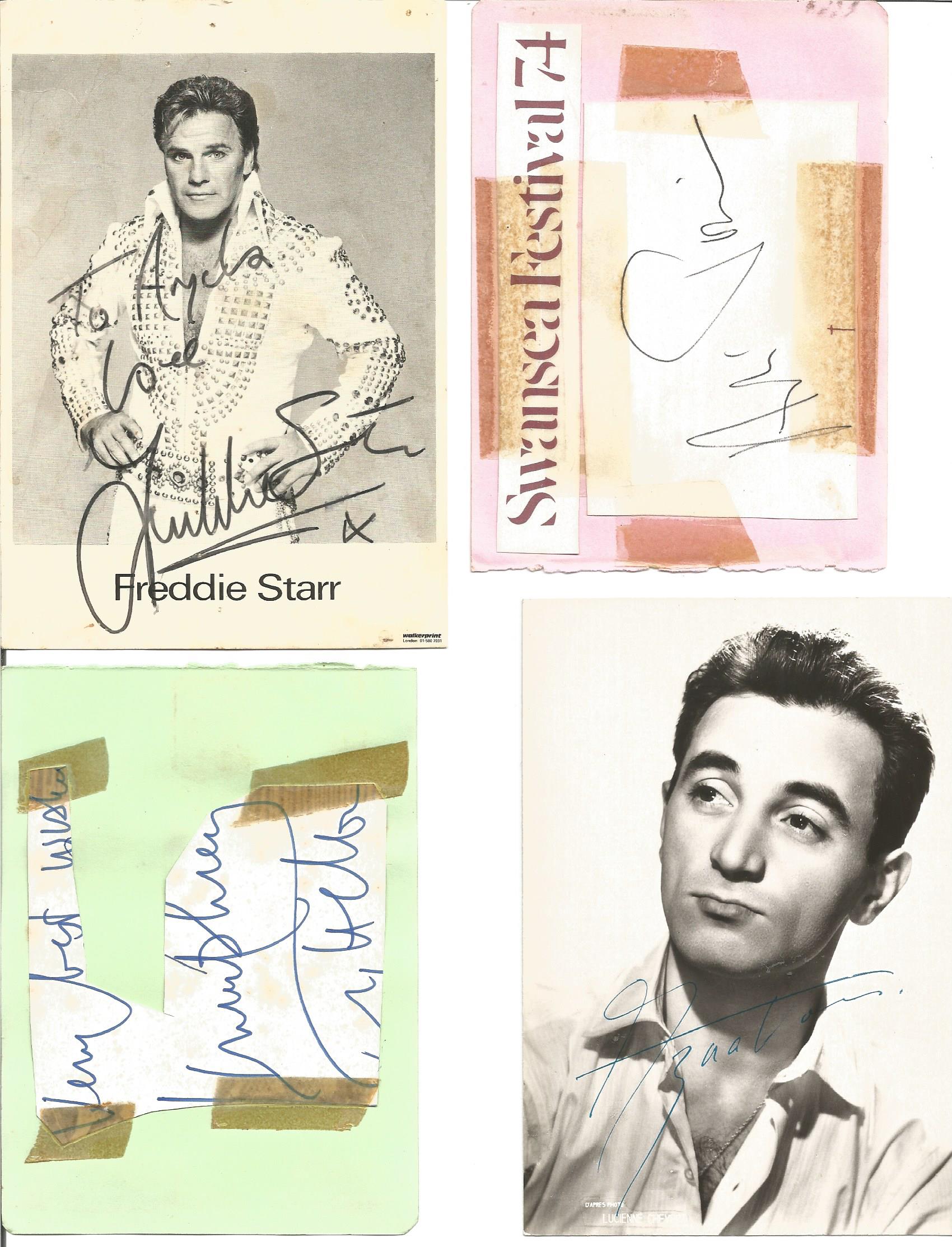 Entertainment autograph collection, 30+ pieces, pages, photos, some very small and scruffy. Includes