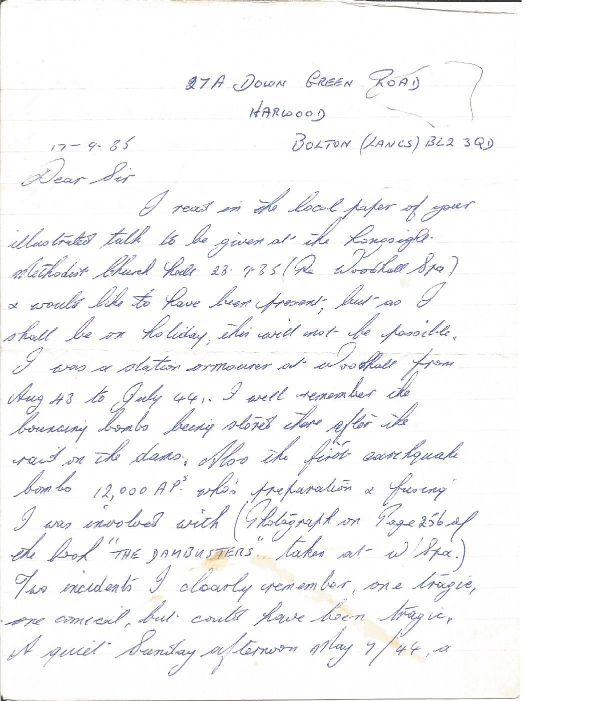 H Brown 617 sqn ground crew hand written letter to 617 Sqn historian Jim Shortland. Includes