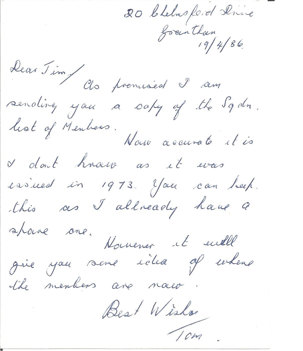 Tom Collin 617 sqn hand written letter to 617 Sqn historian Jim Shortland. Includes references to