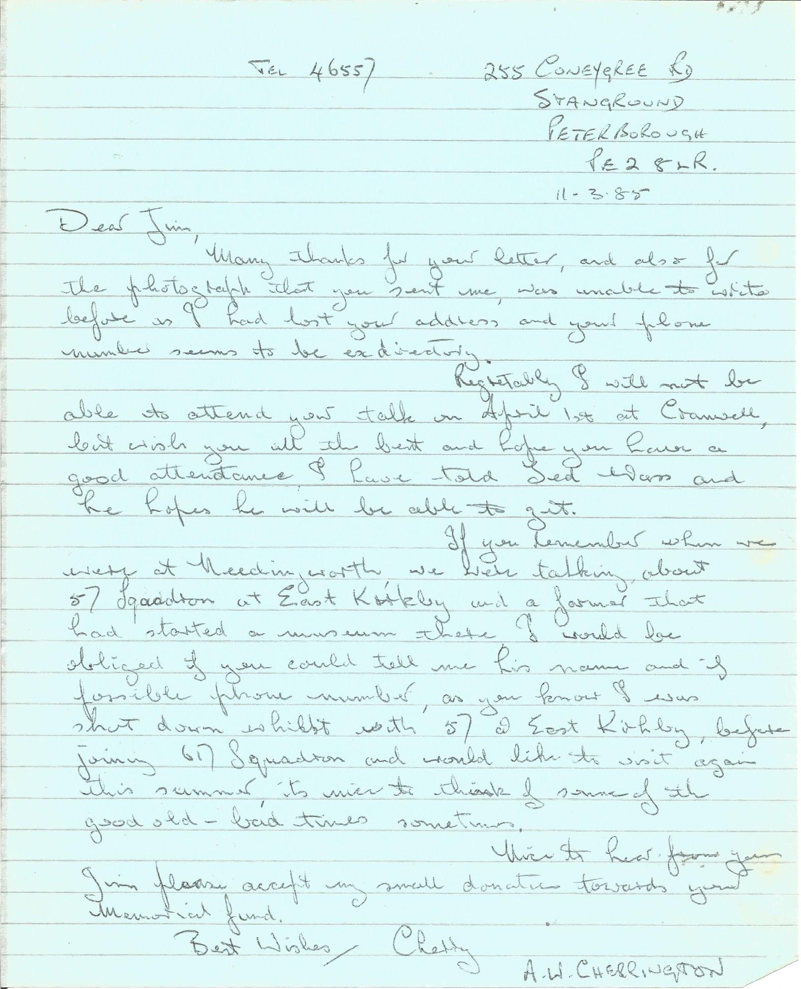 Sgt A Cherrington 617 & 57 Sqn Lancaster Tirpitz raid hand written letter to 617 Sqn historian Jim